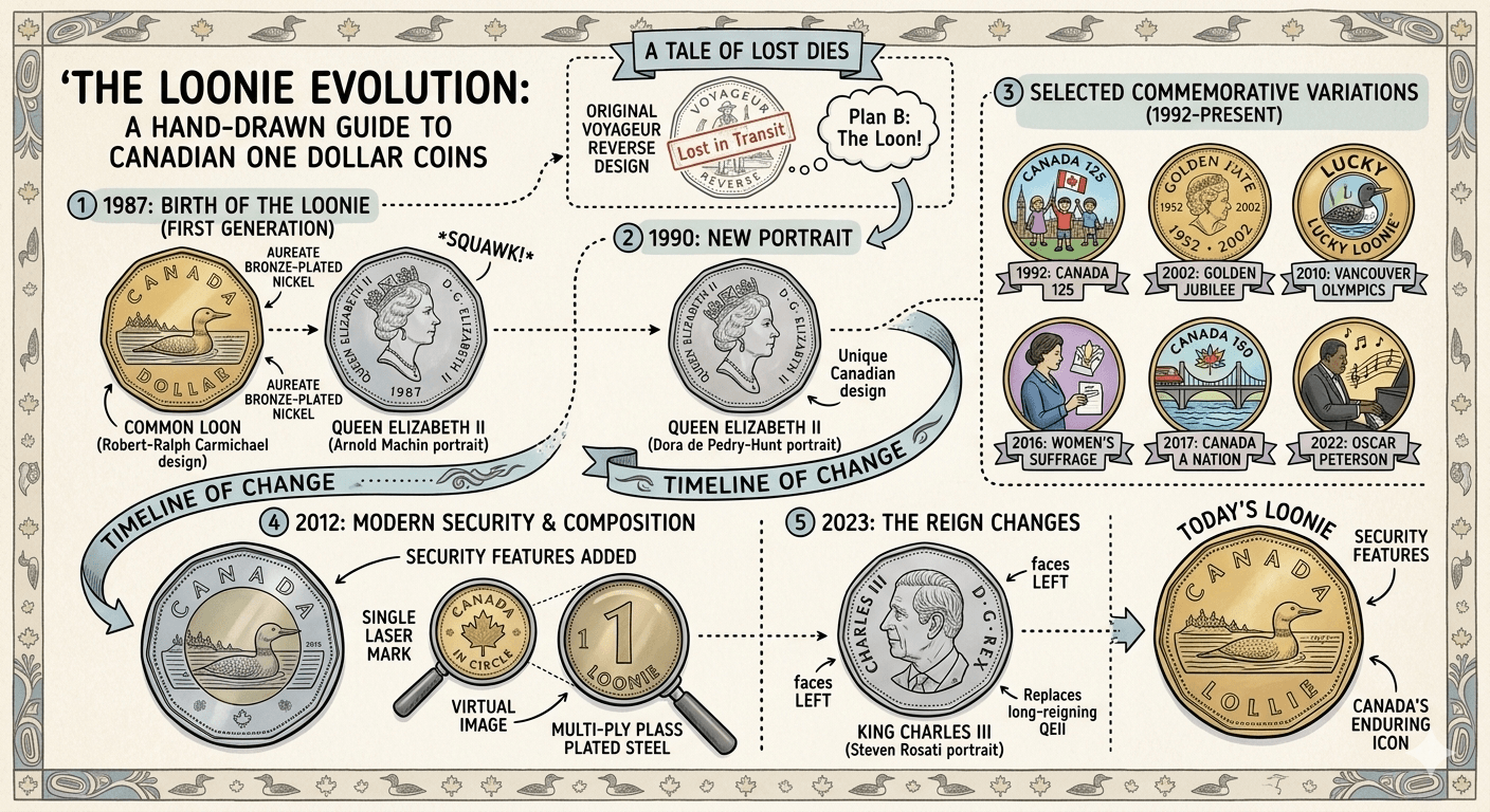 Infographic with facts about Canada's one-dollar loonie coin